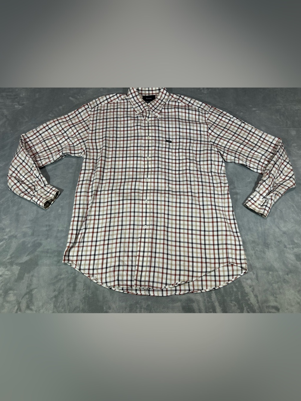 Faconnable White Button-Down Shirt with Brown and Black Plaid- LT